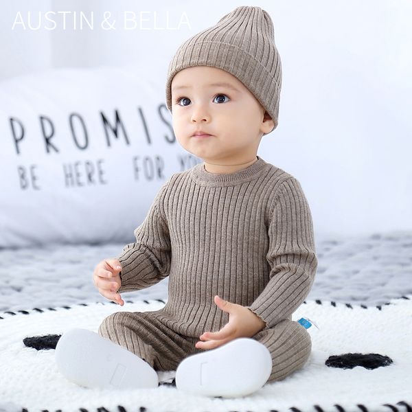 

2pcs newborn infant baby kid boy girl long sleeve autumn warm knitted pure color clothes ribbed baby sweater leggings set, Blue
