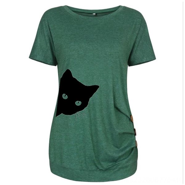 

верхняя пуговица кошка украшение с короткими рукавами женщин верхняя кнопка женская женская кошка футболка с украшением с короткими рукавами, White