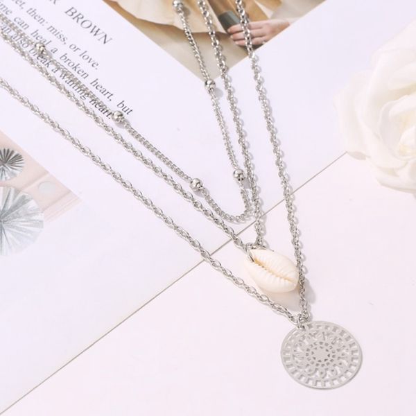 

boho ocean beach filigree flower shell necklace multi layers cowrie seashell necklaces for women summer jewelry collares collier, Silver