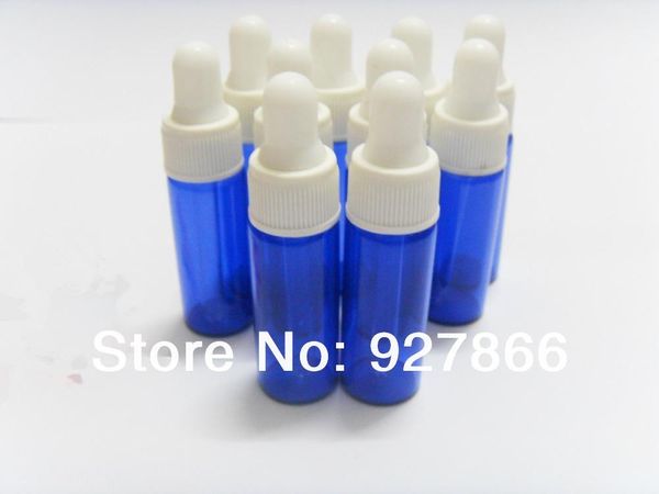 100pcs Lote 5 ml frascos conta-gotas de olho azul cobalto vidro, pequenos frascos de óleo essenciais minúsculas, cosméticos frascos, cap Branco