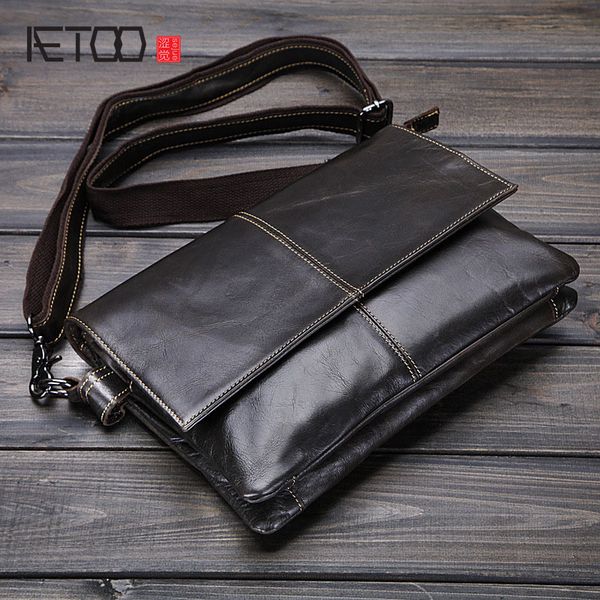 

aetoo new men's bags leather envelope bags business men's single shoulder inclined shoulder bag wax oil skin file his briefcase