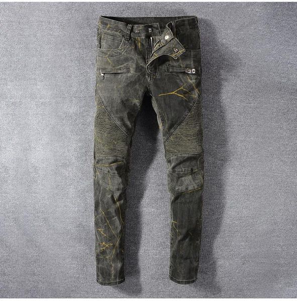 

isurvivor 2020 мужские негабаритные плиссированные полосатые мотоцикла джинсы с негабаритной тонкий стрейч джинсовые брюки, Black