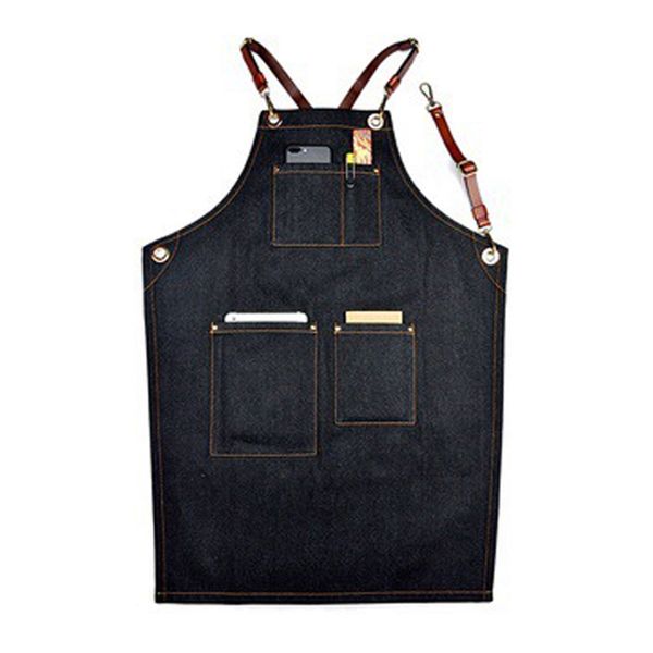 

barber florist chef studio uniforms black denim bib apron leather strap 4 styles