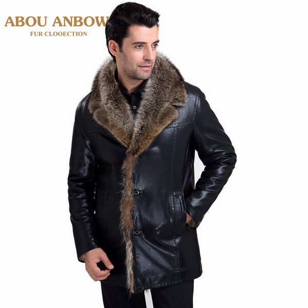 

abou winter fashion men fur coat keep warm leather jackets men leather jacket by real fur lined, Black