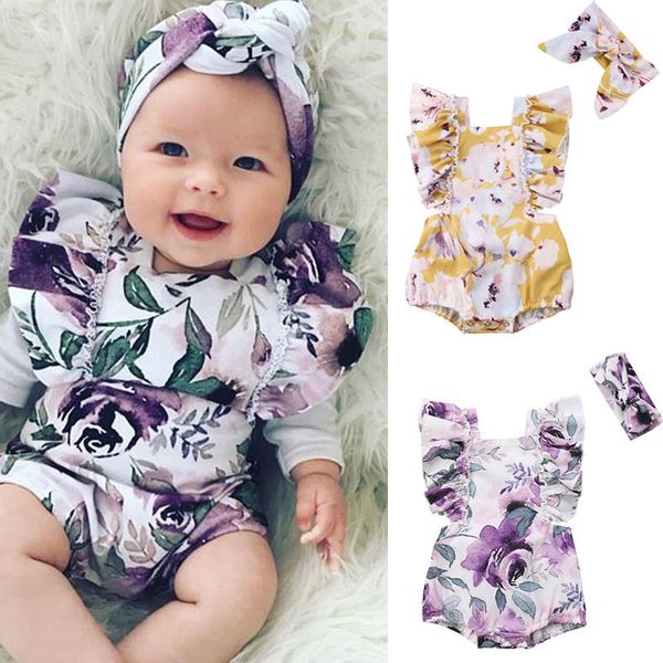 

pudcoco 0-24m newborn infant toddler baby girl short floral printed jumpsuit bodysuit+hair handband cotton clothes outfit, White