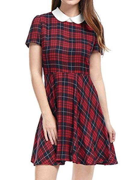 

allegra k women's plaids contrast peter pan collar puff sleeves flare dress, Black;gray
