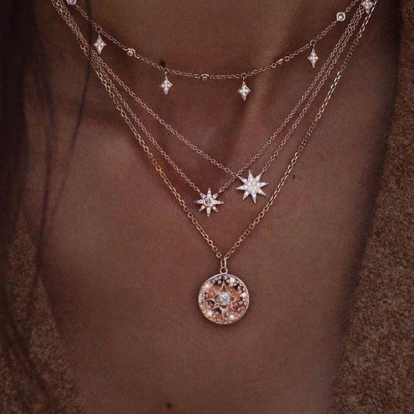 

bohemian multilayer crystal stars moon necklace women's vintage layered gold collar necklace fashion jewelry 2019 party gift jew, Silver