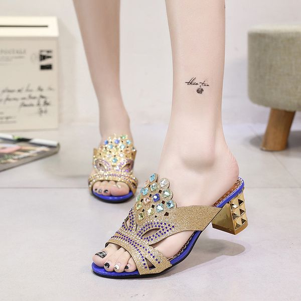 

2019 summer new european and american sandals women's luxury rhinestone women's shoes thick heel slippers, Black