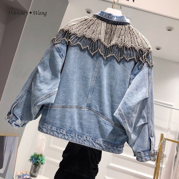 

whitney wang 2019 atumn fashion streetwear handmade diamonds pearls beading cloak patchwork denim jacket women stylish jean coat, Black;brown