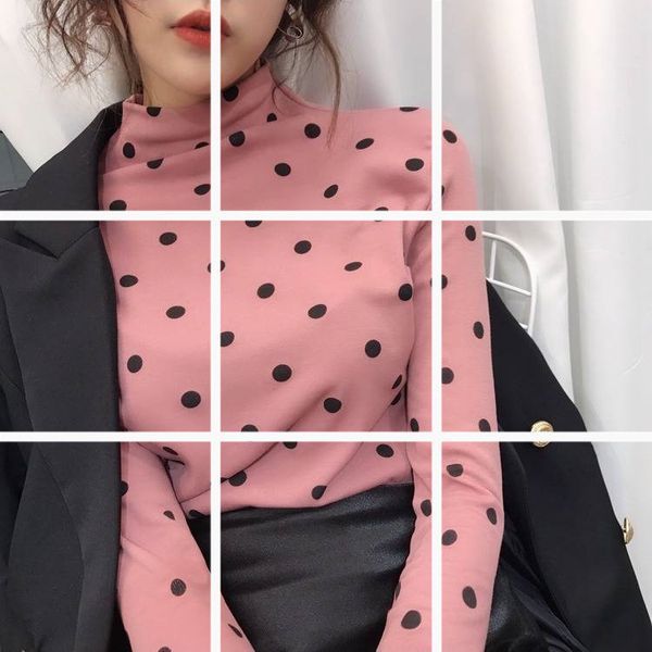 

women shirts half turtleneck sweater dot printing long sleeve jumper autumn winter new stretch slim thin pullovers female cloths s-xxl, White