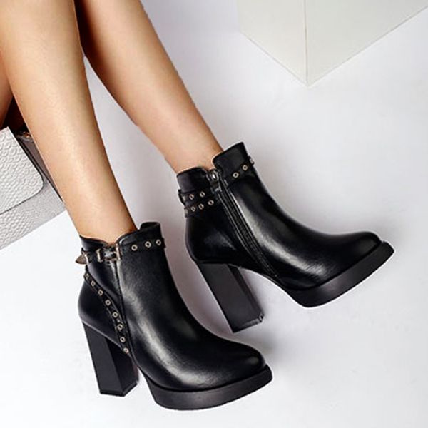 

rivet buckle strap boots women autumn winter platforms high heels wild british style ankle boots for women botas feminina, Black