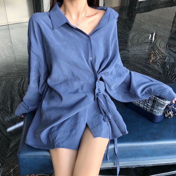 

ewq] 2020 speing new long sleeve drawstring single-breasted design women shirt jacket korean oversized ladies blouse qx165, White