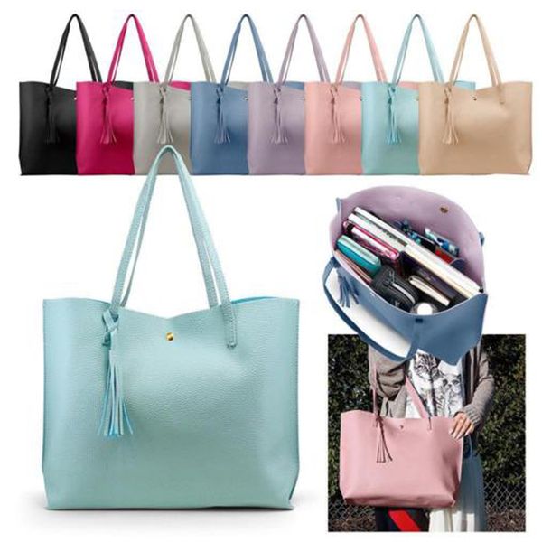 

adiputent women's 2019 fashion shoulder bag handle bag assel leather female big tote casual 7 colors lady big capacity purse