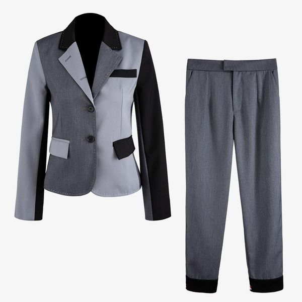 

flip collar collision color stitching temperament suit jacket, flanged pants, leggings, grey trousers, two-piece suita1012, White;black