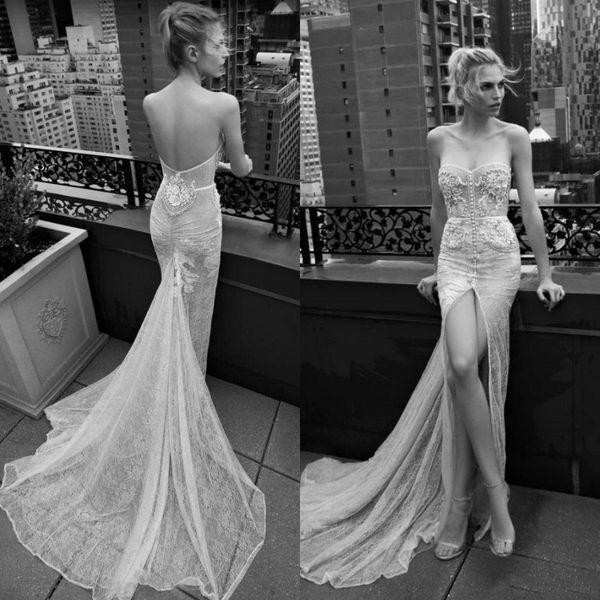 

2019 Inbal Dror Mermaid Wedding Dress Sexy Front Split Sweep Train Lace 3D Floral Applique Beads Beach Wedding Party Gown Boho Bridal Dress