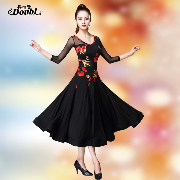 

doubl modern skirt slimmer at the waist ballroom dance dress national standard waltz tango competition costume fringe spanish, Black;red