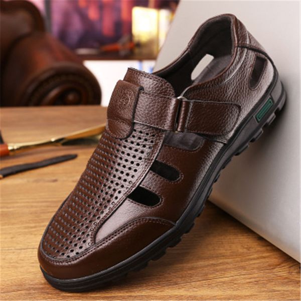 

summer shoes men's fashion hollowed genuine leather sandals breathable man casual shoes father leather sandals 38-44 black brown