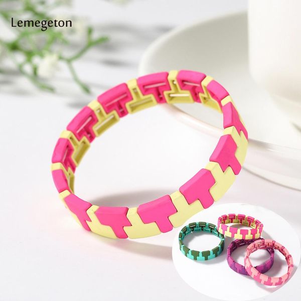

lemegeton rainbow metal bracelet bangle shinus bohemian tile bracelet enamel stretch bracelets for women, Golden;silver