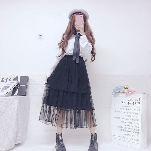 

spring women's 2019 new korean long sleeve sweet cute shirt + pleated cake yarn skirt women two piece outfits, White