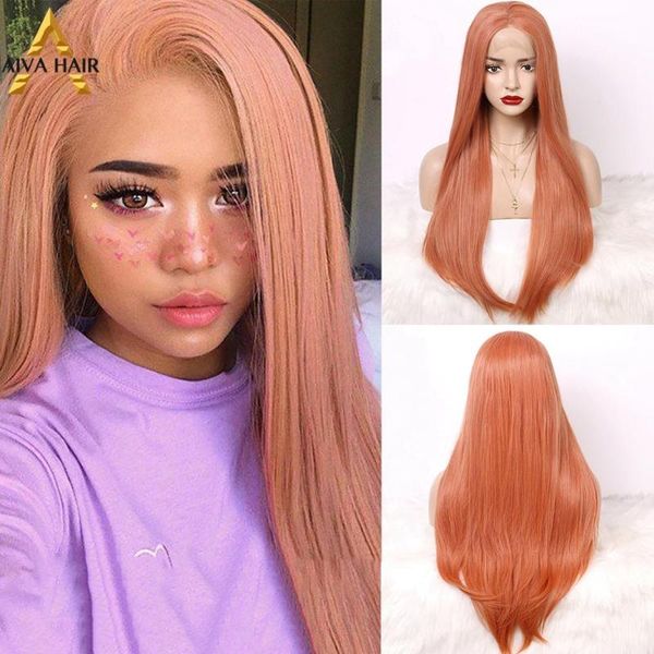 

aiva hair high density orange pink wig heat resistant synthetic lace front wig glueless long straight cosplay wigs for women, Black