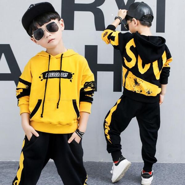 

2 pieces big boys clothing set cotton fashion long sleeves hoodies + haren pants yellow black outfits for 6 8 10 12 14 years, White