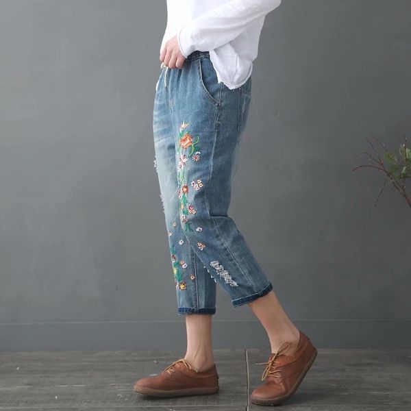 

plus size women elastic waist three quarters length skinny jeans broek, Blue