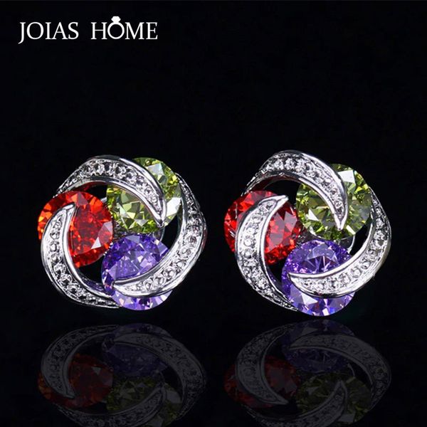 

joiashome 925 sterling silver earrings korean version mix and match colorful zircon flower shape earrings exquisite wedding gift, Golden;silver