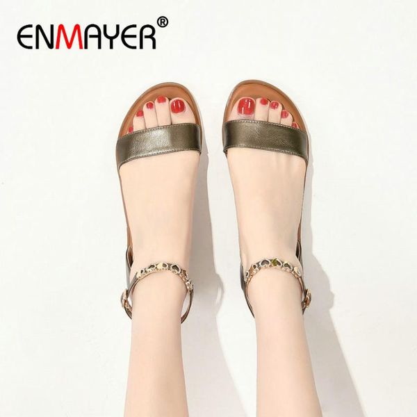 

sandals enmayer women buckle strap flat pu fashion metal decoration 2021 casual genuine leather cover heel shoes, Black