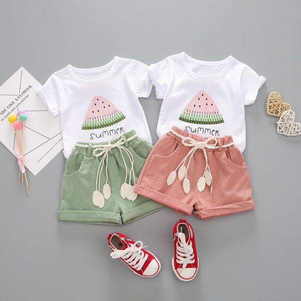 

2020 new toddler kid baby girls casual outfits short sleeve watermelon printed t shirt solid color bandage shorts girl clothes, White