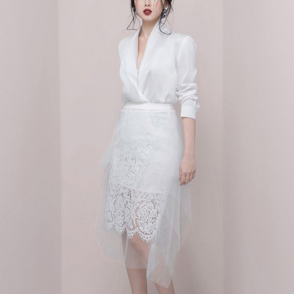 

korean elegant ladies office two piece set 2019 spring v-neck long sleeve high waist irregular lace skirt 2 piece outfits, White