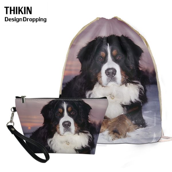 

thikin 2020 cute bernese mountain dog small bag drawstring pouch leather large makeup bag 3d printed female mochilas saco cordon
