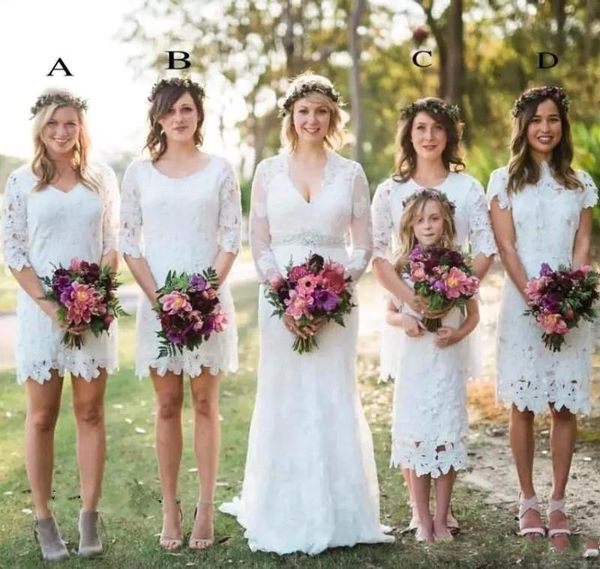 

2020 countryside lace boho wedding dreses short a line jewel neck short sleeves forest garden maid of honor gowns custom made bc2068, White;pink