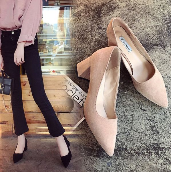 

women slip-on female pointed comfortable lady suede high heels with thick with wild single shoes sandalias femeninas, Black