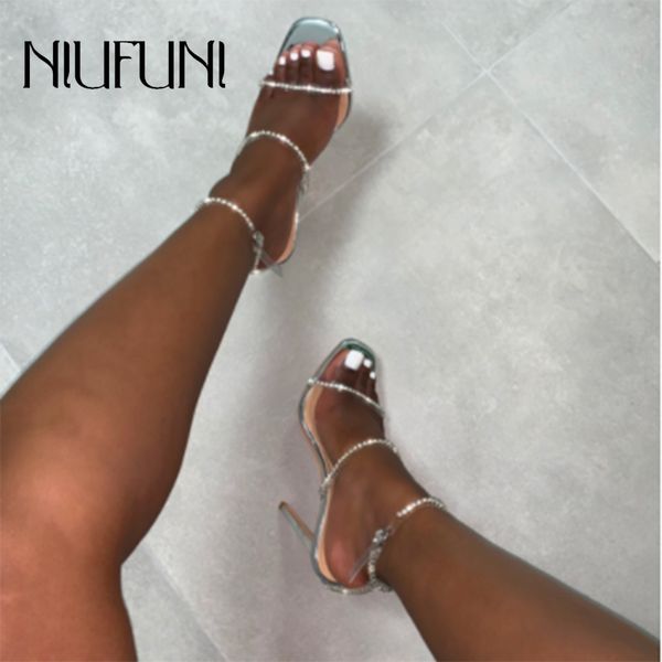 

niufuni square toe rhinestone transparent women's sandals buckle stiletto high heels fashion crystal women's shoes size 40, Black