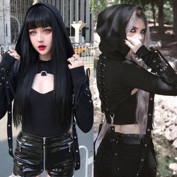 

brand new style ladies long sleeve cropped front zip up plain fleece women gothic sweatshirt hoody, Black