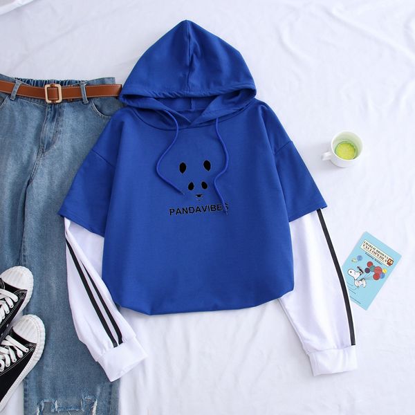 

funny panda vibes printing casual hip hop patchwork streetwear winter couples long sleeve fake two pieces casual hoodie men, Black