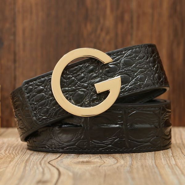 

brand fashion crocodile style gold belt men belts women cowboy designer luxury smooth buckle girdle black jeans, Black;brown