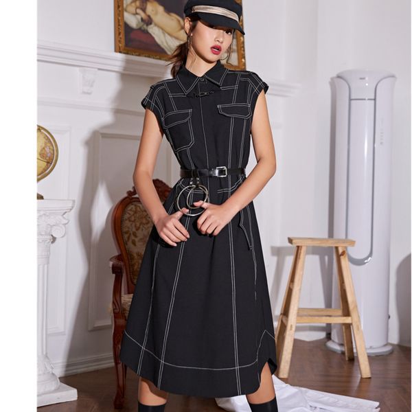 

2020 spring summer new arrivals turn down collar short sleeve high waist solid pattern women streetwear dress t684, Black;gray