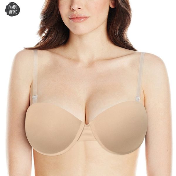 

back transparent bra padded push up bra strapless convertible adjusted women large half cup simple lingerie half cup everyday, Red;black