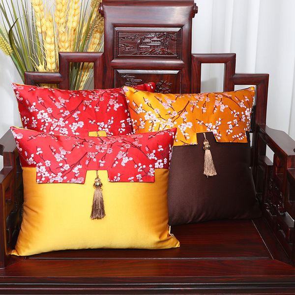 

new patchwork jacquard plum cushion cover sofa chair home decoration chinese silk pillow cushion covers tassel lumbar pillow case