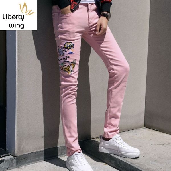 

fashion mens animal embroidery slim fit casual pencil pants personalized streetwear hip hop jeans denim trousers, Black