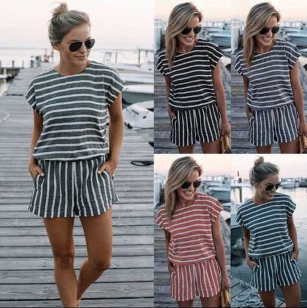 

2020 women stripe loose playsuits short jumpsuit lady fashion casual summer playsuit jumpsuit female romper trouser short