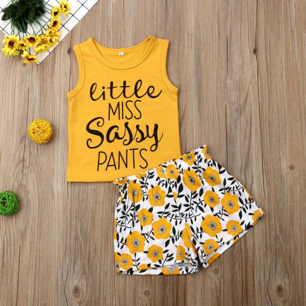 

2PCS Little Girl Outfits Baby Girl Clothes Set Letter Floral Print Sleeveless Shirt Tops+Shorts Clothing Set 1-5T