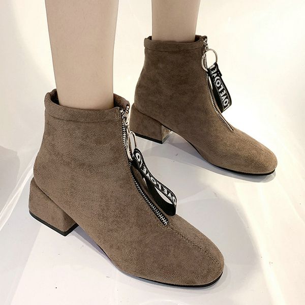 

nice new women pretty ankle boots soft suede leather casual shoes woman med heels female black khaki metal zipper footwear