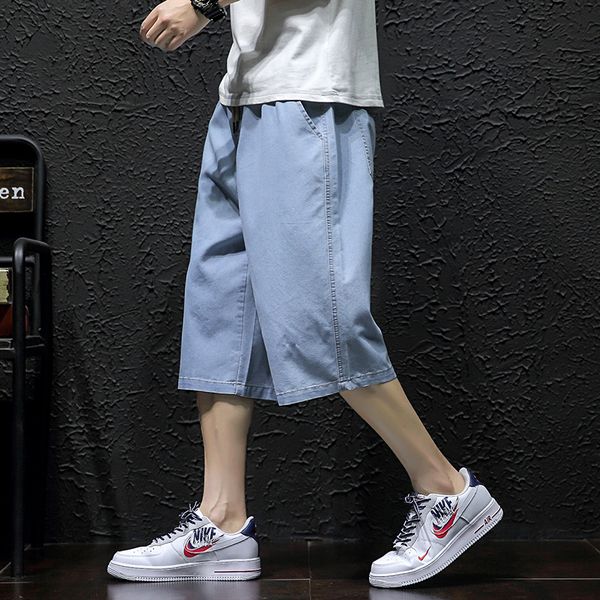 

летние короткие джинсы мужская мода промытые сплошной цвет ретро повседневные джинсовые шорты мужская уличная одежда дикий хип хоп свободные, Blue