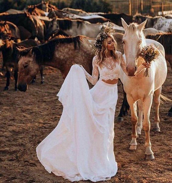 

2 pieces boho wedding dresses long sleeve lace chiffon skirt bohemina bridal gowns vestido de noiva 2020 country wedding, White