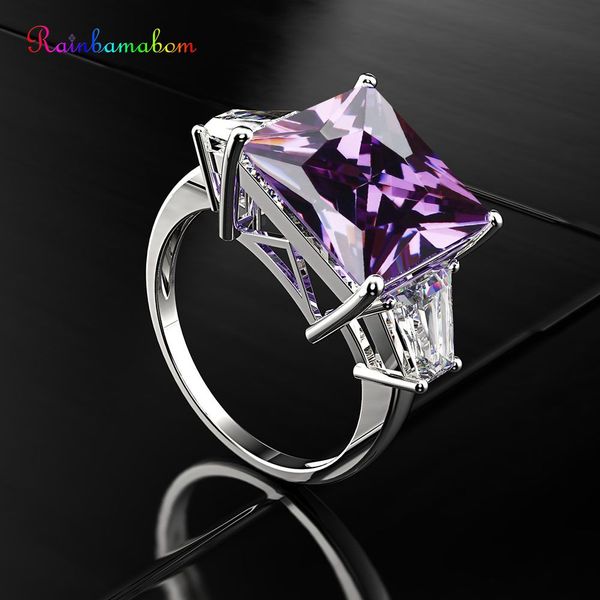 

rainbamabom 925 solid sterling silver huge amethyst gemstone birthstone wedding engagement diamonds ring jewelry gifts wholesale, Golden;silver