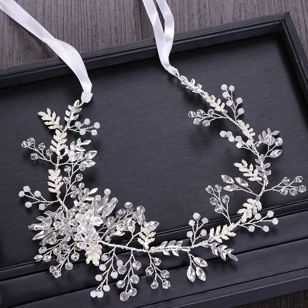 

luxury handmade ribbon crystal pearl rhinestone bridal headbands flower bridal tiara floral hairbands wedding hair accessories, Golden;white