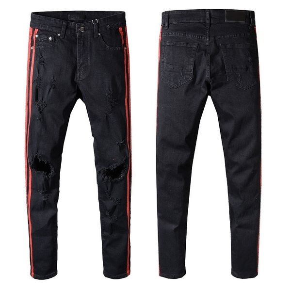 

20" solid classic style straight denim designer men's motorcycle biker jeans washed design casual black summer skinny ripped high, Blue