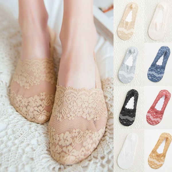 

shujin 1/2 pairs fashion women girls summer socks style lace flower short sock antiskid invisible ankle 2019 sox sock slippers, Black;white